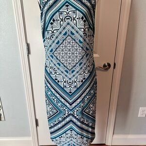 White House Black Market Teal and White One Shoulder Dress